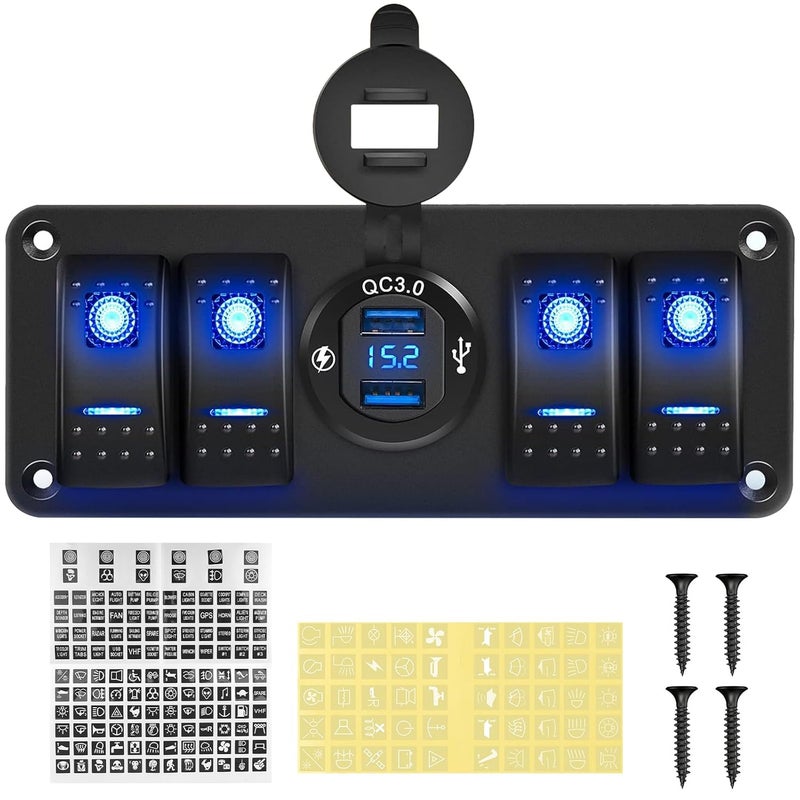 NORTHYUN 4 Gang Rocker Switch Panel 12V/24V with QC3.0 USB Charger Voltmeter Pre-Wired Switch Panel Waterproof Aluminum with 132 PCS Night Glow Stickers for Boat Yacht RV UTV - Image 1